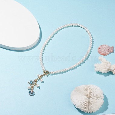 Starfish and Shell Pendant Necklace with Grade A Natural Pearl for Women(NJEW-JN03799)-2