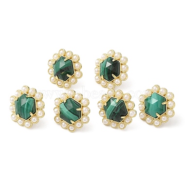 Natural Malachite Hexagon Stud Earrings with Plastic Pearl Beaded(EJEW-E287-01G-01)-2