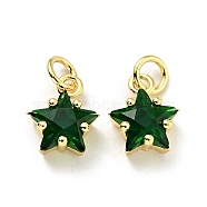 Eco-friendly Brass Micro Pave Cubic Zirconia Pendants, with Jump Ring, Cadmium Free & Lead Free, Real 18K Gold Plated, Star, Dark Green, 11x8.5x5mm, Hole: 3.2mm(KK-D080-44G-04)