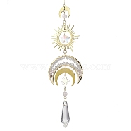 Moon Brass & 304 Stainless Steel Hanging Suncatchers, with Glass Pendants and Natural Rose Quartz Chip Beads, Golden, 308mm, Hole: 8mm(HJEW-TA00159)