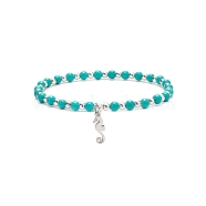 Natural Howlite Beaded Stretch Bracelet with 304 Stainless Steel Seahorse Charms, Gemstone Jewelry for Women, Turquoise, Inner Diameter: 2-3/8 inch(6cm)(BJEW-JB08297-03)