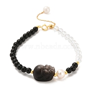 Natural Obsidian and Natural Quartz Crystal and Natural Multi-Moonstone Bead Bracelets, with Sterling Silver Beads and Pearl Beads, Real 18K Gold Plated, 16.5cm(BJEW-E098-15G)