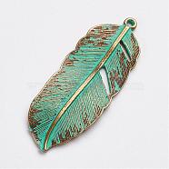 Tibetan Style Alloy Pendants, Feather, Antique Bronze & Green Patina, 44x17x2mm, Hole: 1.5mm(PALLOY-F187-05ABG)