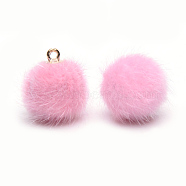 Handmade Faux Mink Fur Covered Pendants, with Alloy Findings, Round, Golden, Pearl Pink, 16~17x13.5~14mm, Hole: 1.5mm(WOVE-S108-03E)