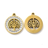 201 Stainless Steel Pendants, with Rhinestone, Flat Round with Tree of Life Charm, Golden, 17x15x2mm, Hole: 1.2mm(STAS-Q216-07G)