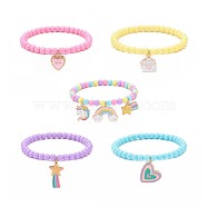 5Pcs 5 Style Candy Color Acrylic Round Beaded Stretch Bracelets Set, Unicorn & Star & Heart & Rainbow Alloy Enamel Charms Bracelets for Women, Mixed Color, Inner Diameter: 2-1/8~2-1/4 inch(5.3~5.7cm), 1Pc/style(BJEW-JB08675)