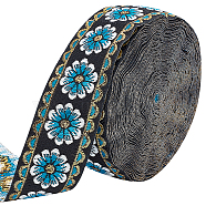 Polyester Ethnic Style Lace Ribbon, DIY Clothing Accessories, Flat with Flower Pattern, Steel Blue, 33mm, about 10m/roll(OCOR-WH0067-48C)