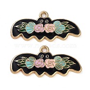 Halloween Theme Rack Plating Alloy Enamel Pendants, Golden, with Flower, Bat, 15x32x2.5mm, Hole: 2mm(FIND-Q099-02B-G)