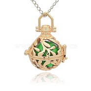 Golden Tone Brass Hollow Round Cage Pendants, with No Hole Spray Painted Brass Round Ball Beads, Green, 36x25x21mm, Hole: 3x8mm(KK-J227-10G)
