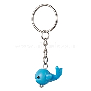 Whale Handmade Lampwork Pendant Keychains, with Iron Split Key Rings, Deep Sky Blue, 7.2cm(KEYC-JKC00684)