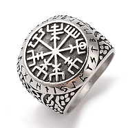 Viking 304 Stainless Steel Vegvisir Wide Finger Rings for Mens, Antique Silver, Round, 21mm, Inner Diameter: 19.2mm(RJEW-U005-21A-03)