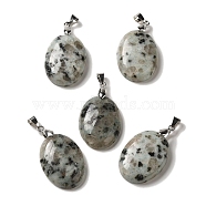 Natural Sesame Jasper Pendants, Oval Charms with Rack Plating Platinum Plated Brass Snap on Bails, 30x21.5~22x6~6.5mm, Hole: 6x4mm(G-Z055-03P-07)