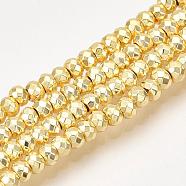 Electroplate Non-magnetic Synthetic Hematite Bead Strands, Rondelle, Faceted, Golden Plated, 3x2mm, Hole: 1mm, about 208pcs/strand, 15.7 inch(G-Q465-21G)