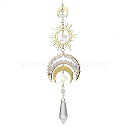 Moon Brass & 304 Stainless Steel Hanging Suncatchers, with Glass Pendants and Natural Rose Quartz Chip Beads, Golden, 308mm, Hole: 8mm(HJEW-TA00159)