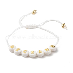 Acrylic Flat Round with Letters Braided Bead Bracelet for Women, White, Inner Diameter: 3/4~3 7/8 inch(2~9.7cm)(BJEW-JB07571-01)