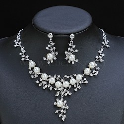 Flower Alloy & Plastic Pearl & Crystal Rhinestone Pendant Necklaces & Stud Dangle Earrings Sets, Platinum, 500mm(FS-WG18295-01)