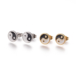 Feng Shui 304 Stainless Steel Stud Earrings, with Enamel and Ear Nuts, Yinyang, Mixed Color, 9.5x1.5mm, Pin: 0.6mm, 6pairs/card(EJEW-I235-16)