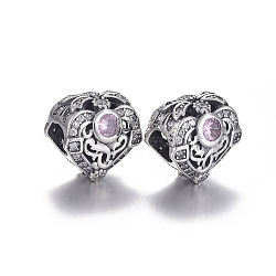 925 Sterling Silver European Beads, Large Hole Beads, with Cubic Zirconia, Carved with 925, Heart, Thai Sterling Silver Plated, 11.5x11x8.5mm, Hole: 4.5mm(OPDL-L017-025TAS)