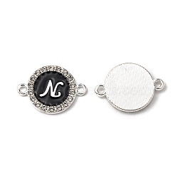 Alloy Enamel Links Connectors, with Crystal Rhinestones, Flat Round with Letter, Silver Color Plated, Letter.N, 22x16x2mm, Hole: 1.8mm(ENAM-TAC0003-01S-02N)