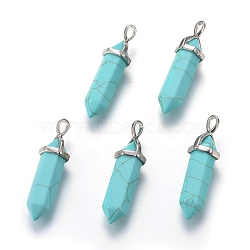 Synthetic Turquoise Double Terminated Pointed Pendants, with Platinum Tone Brass Findings, Bullet, 37~41x12~13x10~11mm, Hole: 2.5~4x4.5~5.5mm(G-E364-A07)