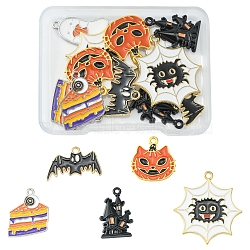 12Pcs 6 Style Halloween Theme Alloy Enamel Pendants, Bat & Spider & Pumpkin & Cake, Mixed Color, 14.5~33x15~30x1~3mm, Hole: 1~2mm, 2pcs/style(ENAM-FS0001-46)