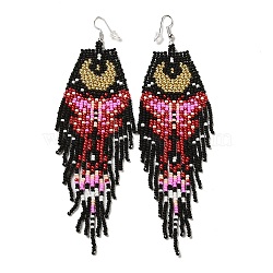 Bohemia Woven Glass Seed Bead Dangle Earrings, Tassel Chandelier Iron Earrings for Women, Butterfly, Colorful, 140mm, Pendant: 120x37.5mm(EJEW-A046-01A)