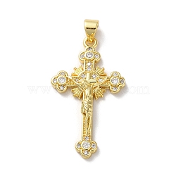 Brass Micro Pave Clear Cubic Zirconia Pendants, Cross, Real 18K Gold Plated, 32.5x19x4mm, Hole: 4x3.5mm(KK-A212-11D-G)