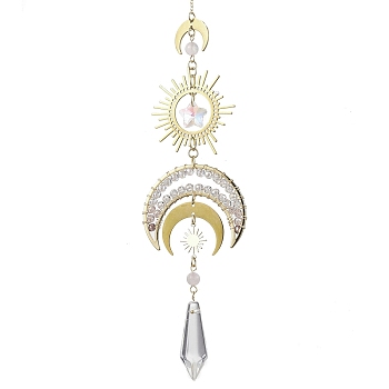 Moon Brass & 304 Stainless Steel Hanging Suncatchers, with Glass Pendants and Natural Rose Quartz Chip Beads, Golden, 308mm, Hole: 8mm