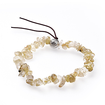 Chip Natural Rutilated Quartz Stretch Bracelets, with Alloy Round Beads, Antique Silver, 1-7/8 inch(4.9cm)