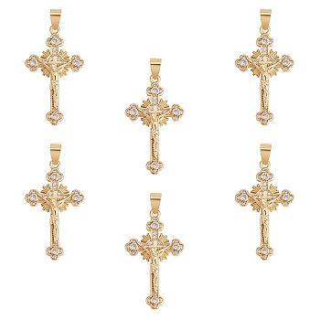 6Pcs Brass Micro Pave Clear Cubic Zirconia Pendants, Long-Lasting Plated, Crucifix Cross, Real 18K Gold Plated, 33x19x4.5mm, Hole: 3.5x5.5mm