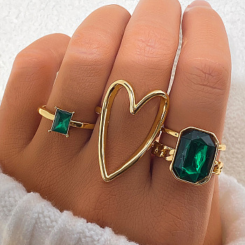 3Pcs Alloy with Rhinestone Finger Rings Sets, Stackable Rings, Heart/Rectangle, Golden, Inner Diameter: 15~18mm