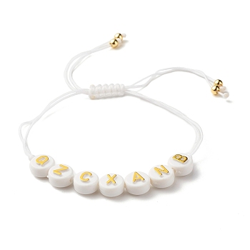 Acrylic Flat Round with Letters Braided Bead Bracelet for Women, White, Inner Diameter: 3/4~3 7/8 inch(2~9.7cm)