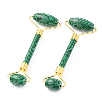 Synthetic Malachite Brass Face Massager, Facial Rollers, Golden, 142~150x54~58x19~22mm