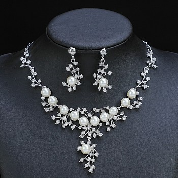 Flower Alloy & Plastic Pearl & Crystal Rhinestone Pendant Necklaces & Stud Dangle Earrings Sets, Platinum, 500mm