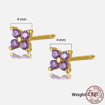 Golden Sterling Silver Flower Stud Earrings, with Cubic Zirconia, with S925 Stamp, Orchid, 4x4mm