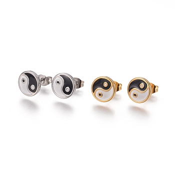 Feng Shui 304 Stainless Steel Stud Earrings, with Enamel and Ear Nuts, Yinyang, Mixed Color, 9.5x1.5mm, Pin: 0.6mm, 6pairs/card