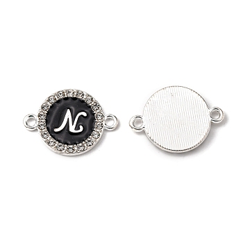 Alloy Enamel Links Connectors, with Crystal Rhinestones, Flat Round with Letter, Silver Color Plated, Letter.N, 22x16x2mm, Hole: 1.8mm