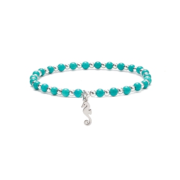 Natural Howlite Beaded Stretch Bracelet with 304 Stainless Steel Seahorse Charms, Gemstone Jewelry for Women, Turquoise, Inner Diameter: 2-3/8 inch(6cm)
