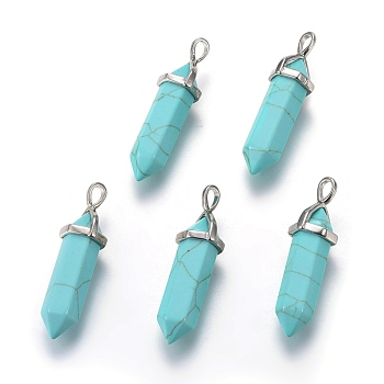Synthetic Turquoise Double Terminated Pointed Pendants, with Platinum Tone Brass Findings, Bullet, 37~41x12~13x10~11mm, Hole: 2.5~4x4.5~5.5mm