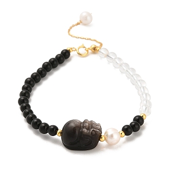 Natural Obsidian and Natural Quartz Crystal and Natural Multi-Moonstone Bead Bracelets, with Sterling Silver Beads and Pearl Beads, Real 18K Gold Plated, 16.5cm