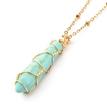 Double Pointed Synthetic Turquoise Pendant Necklace, Copper Wire Wrap Pendant and 304 Stainless Steel Findings Necklace, Golden, Bullet, 15.94 inch(40.5cm)