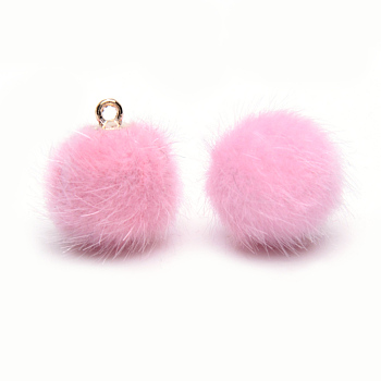 Handmade Faux Mink Fur Covered Pendants, with Alloy Findings, Round, Golden, Pearl Pink, 16~17x13.5~14mm, Hole: 1.5mm