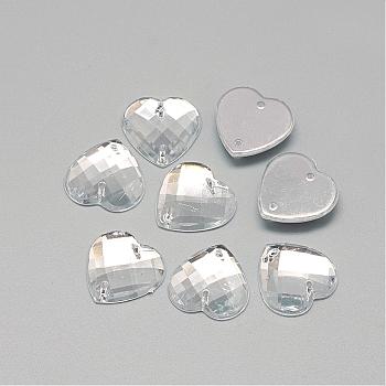 Sew on Rhinestone, Transparent Acrylic Rhinestone, Two Holes, Garment Accessories, Faceted, Heart, Clear, 18x18x4.5mm, Hole: 0.8~1mm