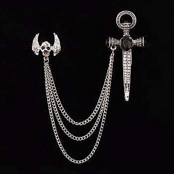 Skull & Cross Sword Chain Tassel Dangle Brooch Pin, Alloy Rhinestone Badge for Jackets Hats Bags, Platinum, 165mm