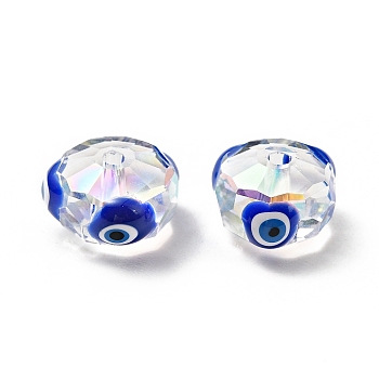 Transparent Glass Beads, with Enamel, Faceted, Rondelle with Evil Eye Pattern, Blue, 10x7.5mm, Hole: 1.5mm