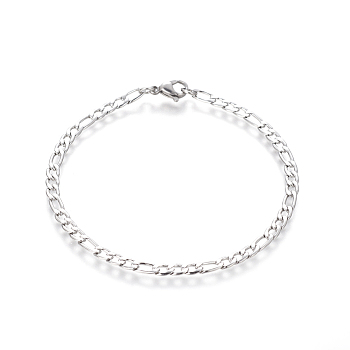 304 Stainless Steel Figaro Chain Bracelets, with Lobster Claw Clasps, Stainless Steel Color, 8-1/8 inch(20.5cm), 4mm
