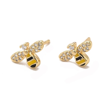 Cubic Zirconia Bee Stud Earrings with Enamel, Real 18K Gold Plated Brass Jewelry for Women, Cadmium Free & Lead Free, Clear, 8x13.5mm, Pin: 0.7mm