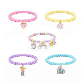 5Pcs 5 Style Candy Color Acrylic Round Beaded Stretch Bracelets Set, Unicorn & Star & Heart & Rainbow Alloy Enamel Charms Bracelets for Women, Mixed Color, Inner Diameter: 2-1/8~2-1/4 inch(5.3~5.7cm), 1Pc/style