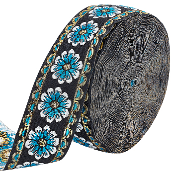 Polyester Ethnic Style Lace Ribbon, DIY Clothing Accessories, Flat with Flower Pattern, Steel Blue, 33mm, about 10m/roll