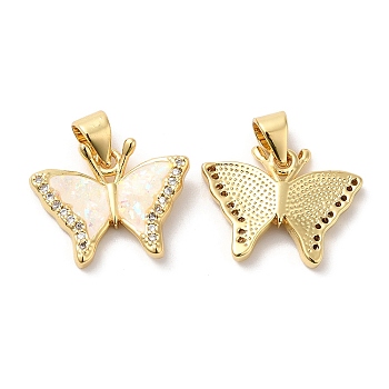 Rack Plating Brass Micro Pave Clear Cubic Zirconia Pendants, with Resin Imitation Opal, Cadmium Free & Lead Free, Long-Lasting Plated, Butterfly Charms, Real 18K Gold Plated, 14x17.5x2.5mm, Hole: 5x3.3mm